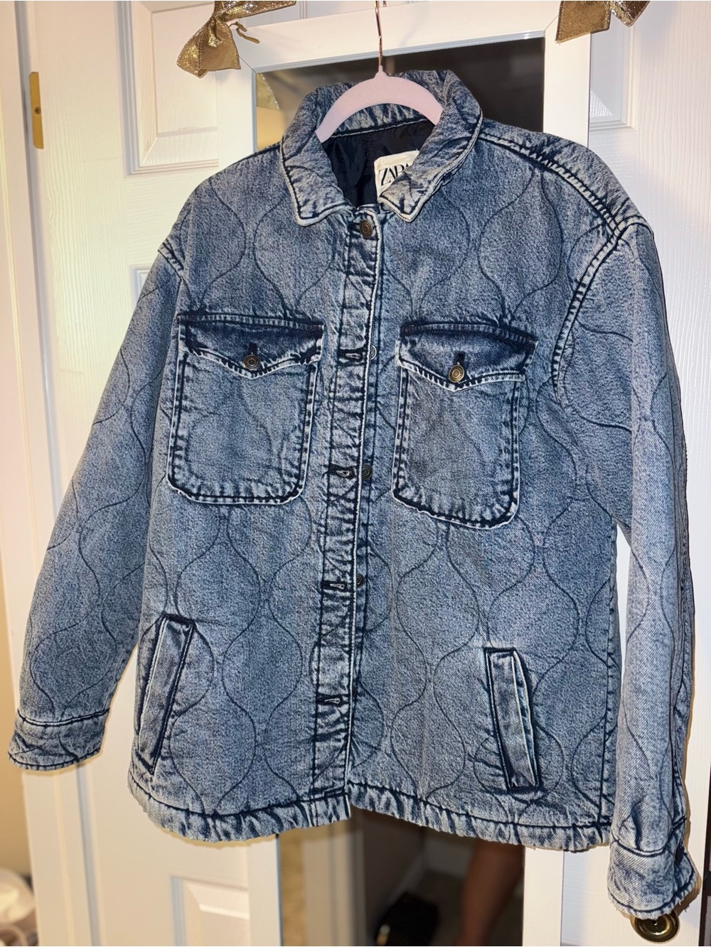 Zara Quilted Washed Blue Denim Jacket